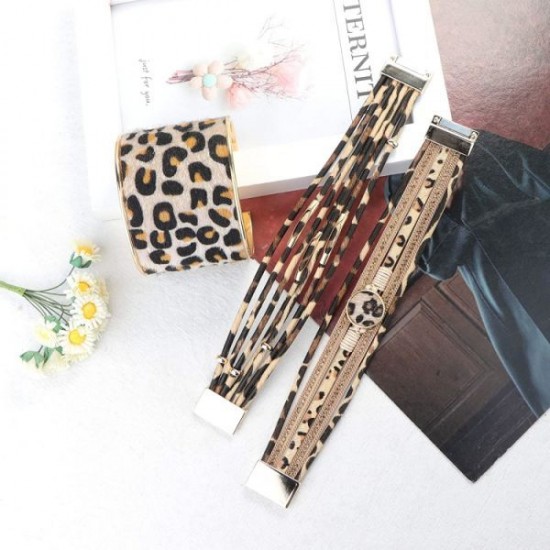 3 Pcs Leopard Leather Cuff Bracelets For Women Feather Boho Multilayer Wrap Tube Bangle Leopard Bracelet